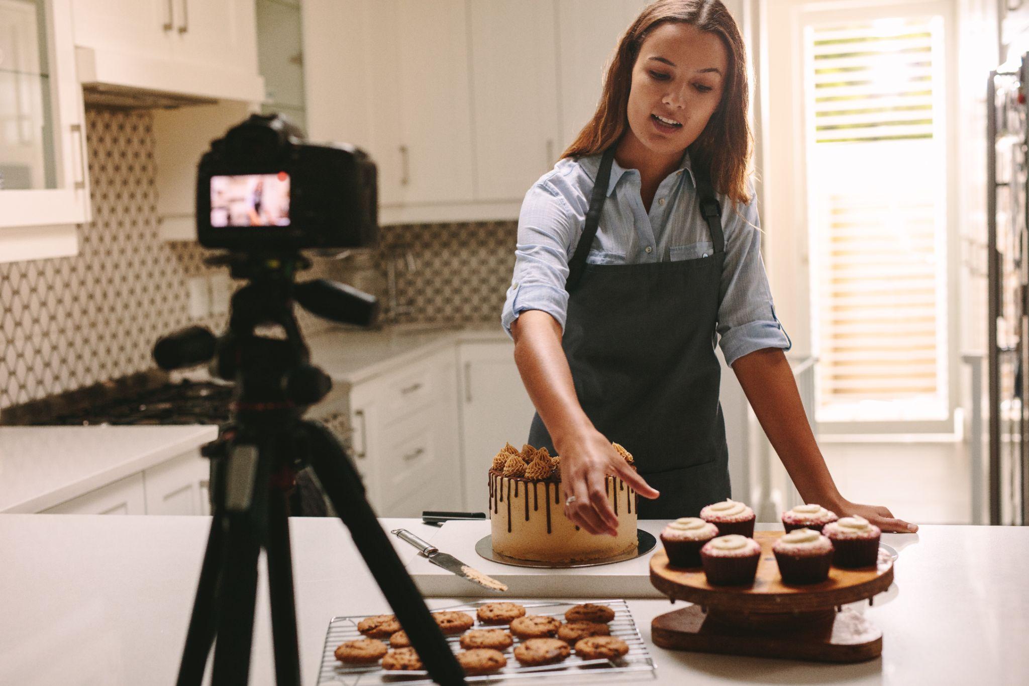 Small business bakery owner creating a video tutorial