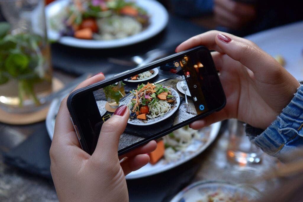 Influencer taking a photo of food at a restaurant