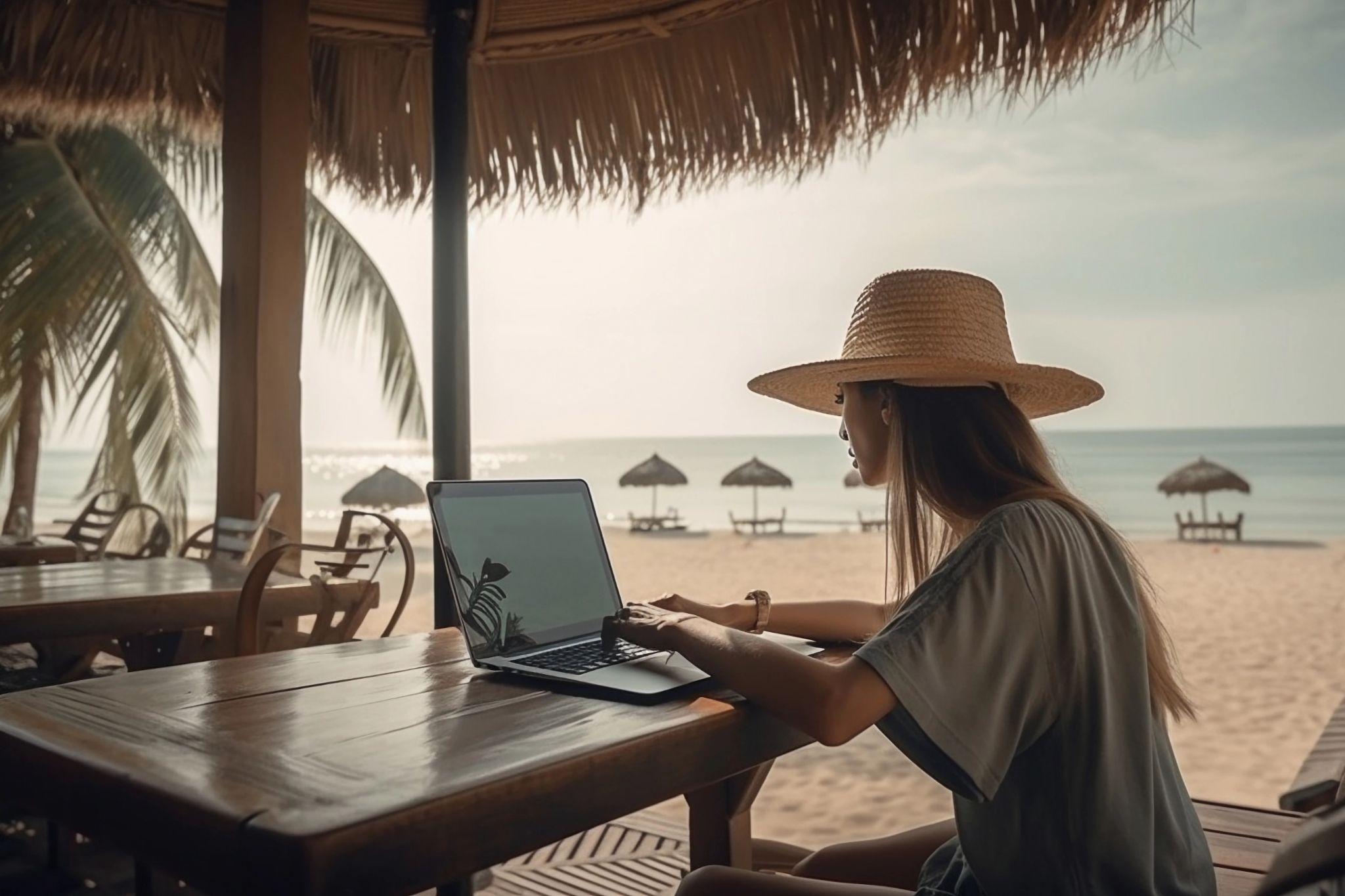 Woman working on the beach